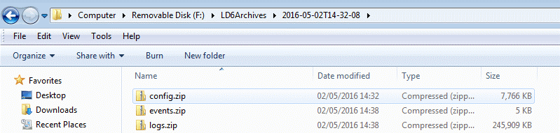The folder will consist of 3 zipped folders, config, events and logs